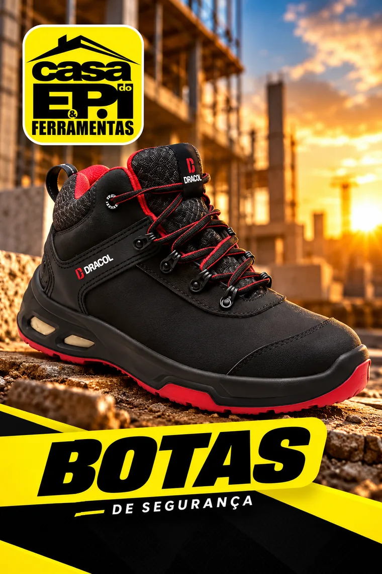 Bota de segurança preta e vermelha estilo tênis em canteiro de obra