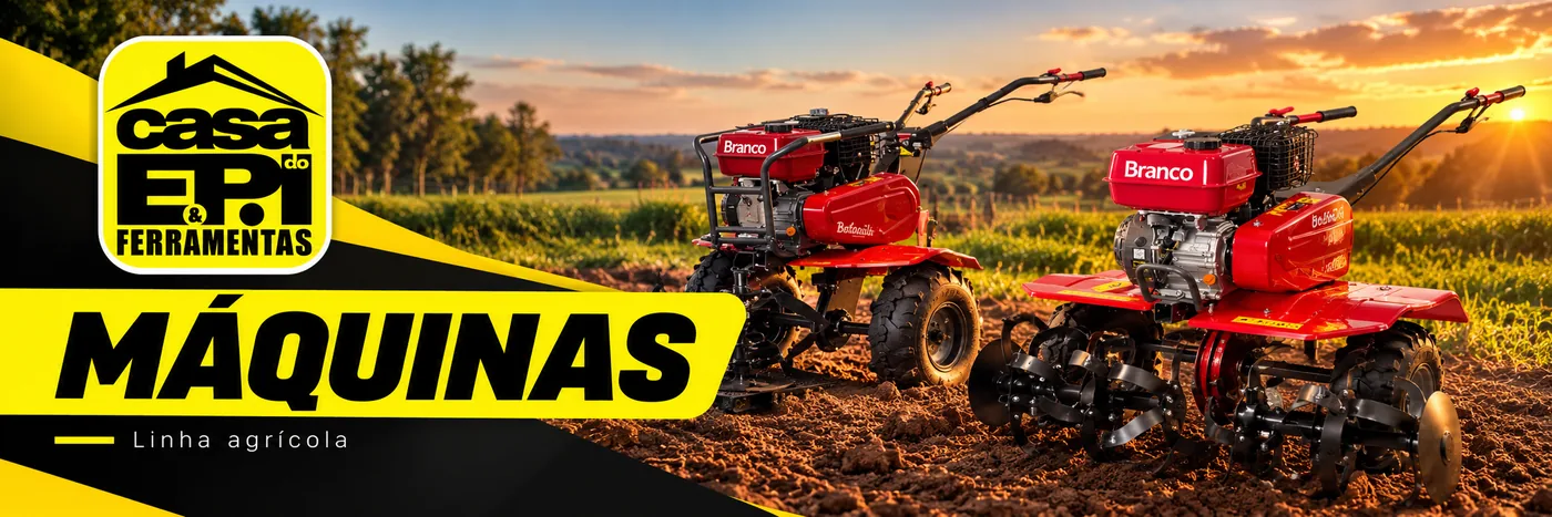 Banner da linha agrícola com dois motocultivadores em área preparada para plantio